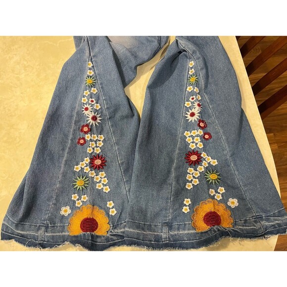 Y2K Embroidered Bell Bottom Wide Leg High Rise Distressed Raw Hem Med Wash XL - Picture 5 of 11